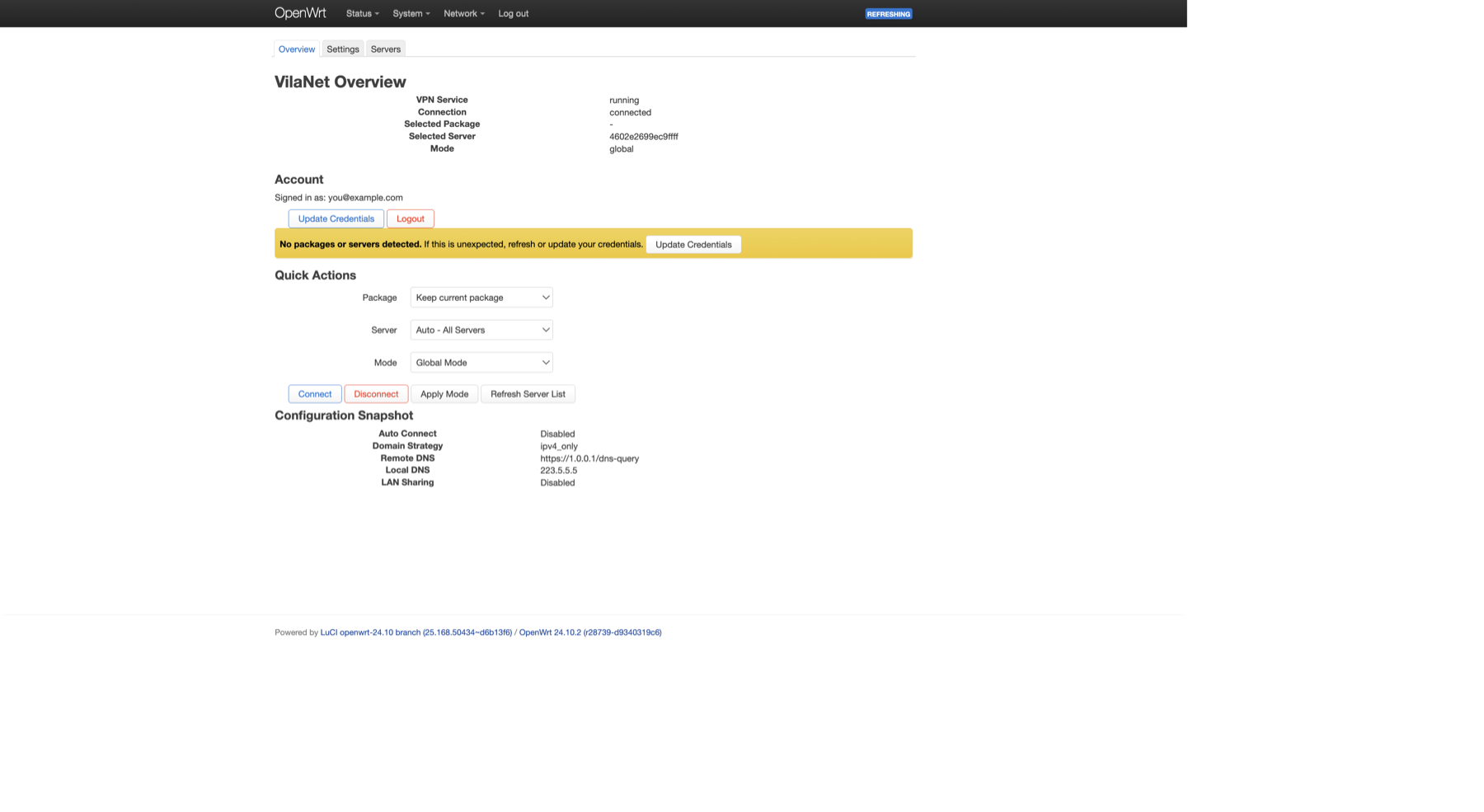 LuCI VilaNet Overview — running, connected, signed in, with Quick Actions and Configuration Snapshot
