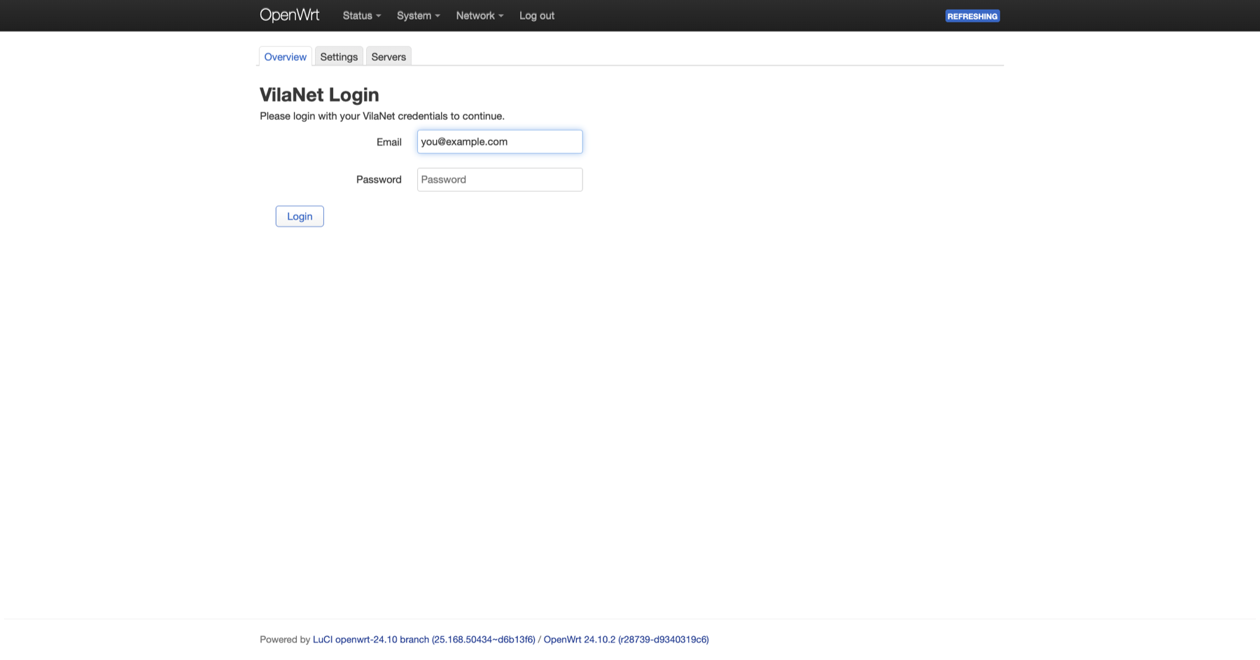 LuCI VilaNet login screen — email and password fields with the Login button