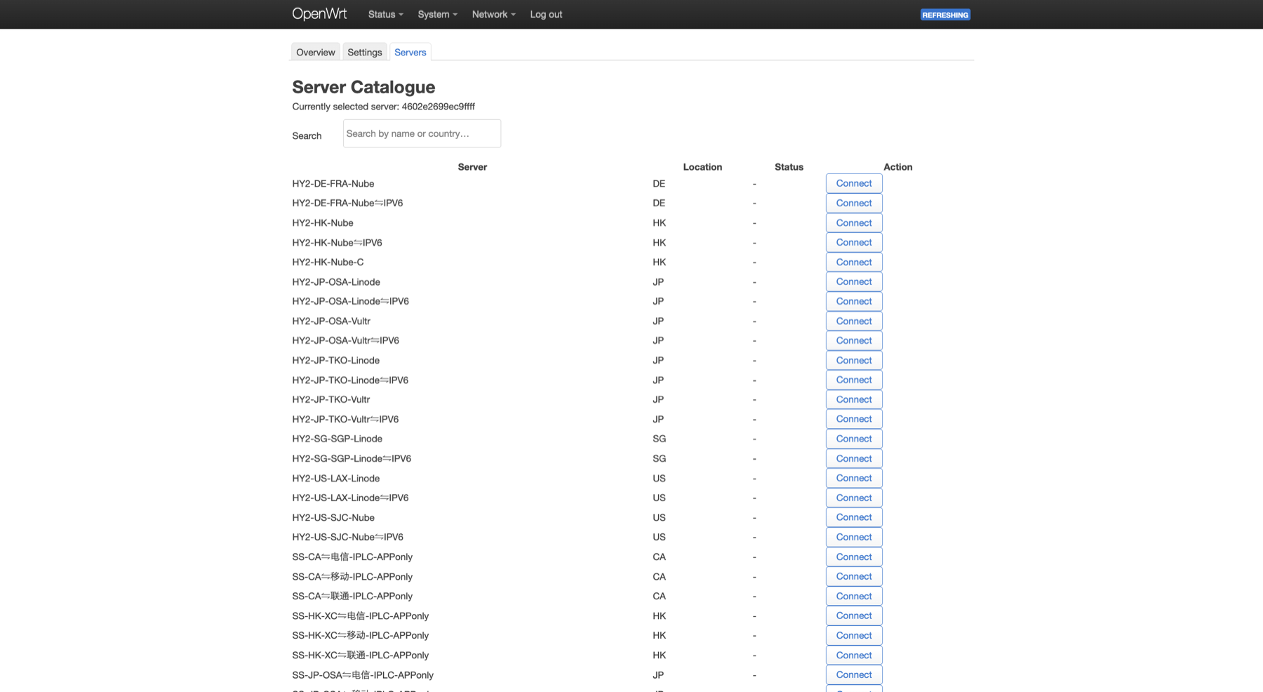 LuCI VilaNet Servers tab — nodes across DE / HK / JP / SG / TW / UK / US with per-row Connect buttons