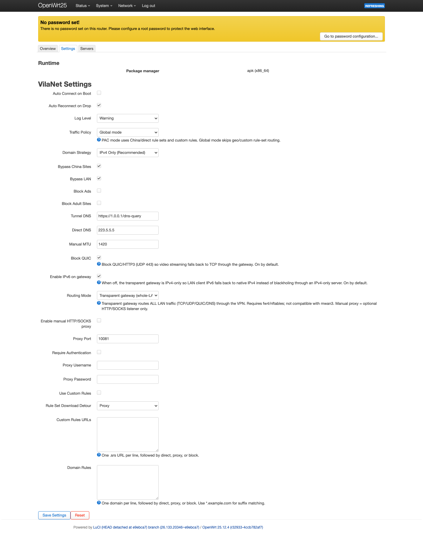 LuCI VilaNet Settings tab on OpenWrt 25 — showing APK package manager, Traffic Policy (PAC/Global), Routing Mode (TUN gateway), Block QUIC, and custom rules