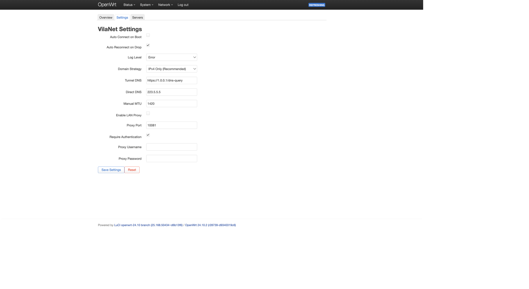 LuCI VilaNet Settings tab — form fields for every UCI key with Save Settings and Reset buttons